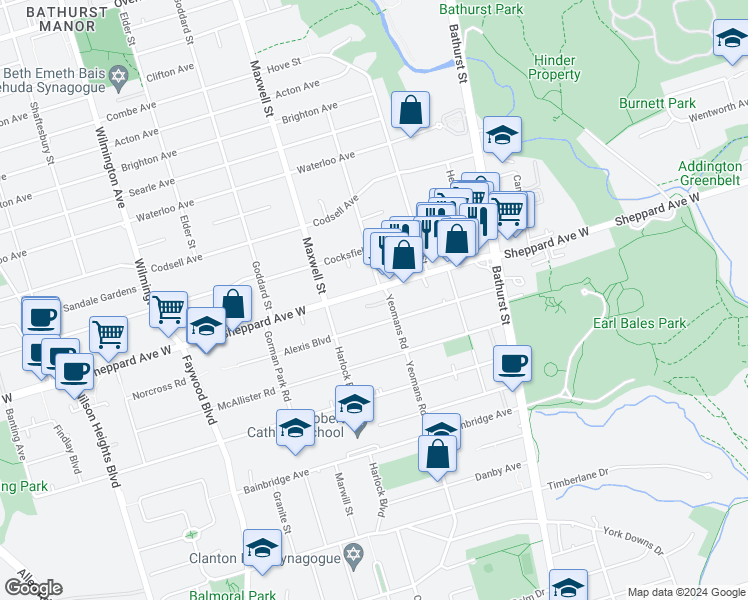 map of restaurants, bars, coffee shops, grocery stores, and more near in Toronto