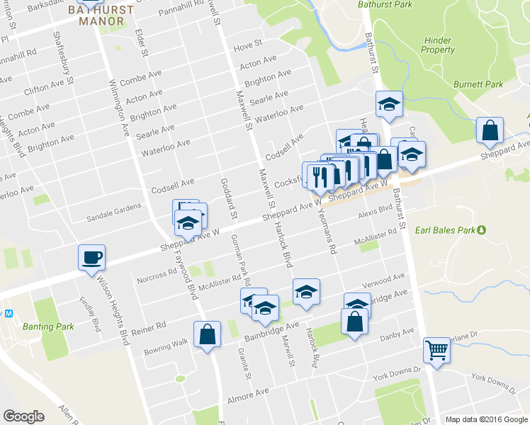 map of restaurants, bars, coffee shops, grocery stores, and more near in Toronto