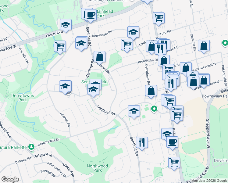 map of restaurants, bars, coffee shops, grocery stores, and more near in Toronto