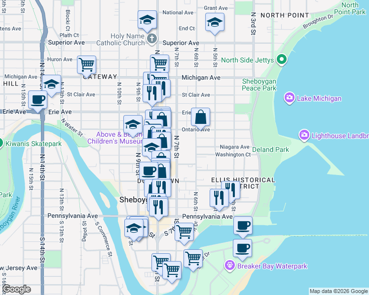 map of restaurants, bars, coffee shops, grocery stores, and more near 636 Wisconsin Avenue in Sheboygan