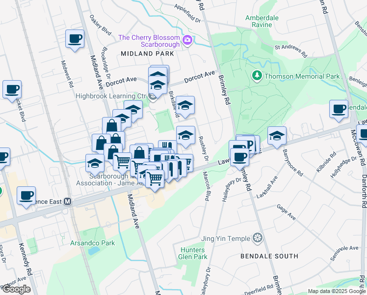 map of restaurants, bars, coffee shops, grocery stores, and more near 2740 Lawrence Avenue East in Toronto