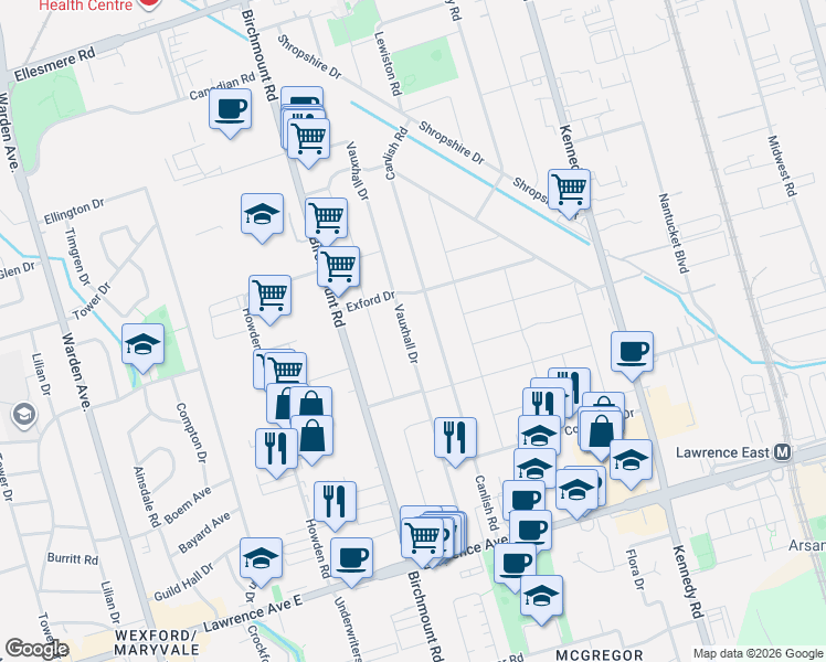 map of restaurants, bars, coffee shops, grocery stores, and more near 87 Vauxhall Drive in Toronto