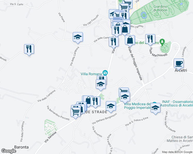 map of restaurants, bars, coffee shops, grocery stores, and more near Via Cardinale Leopoldo in Florence