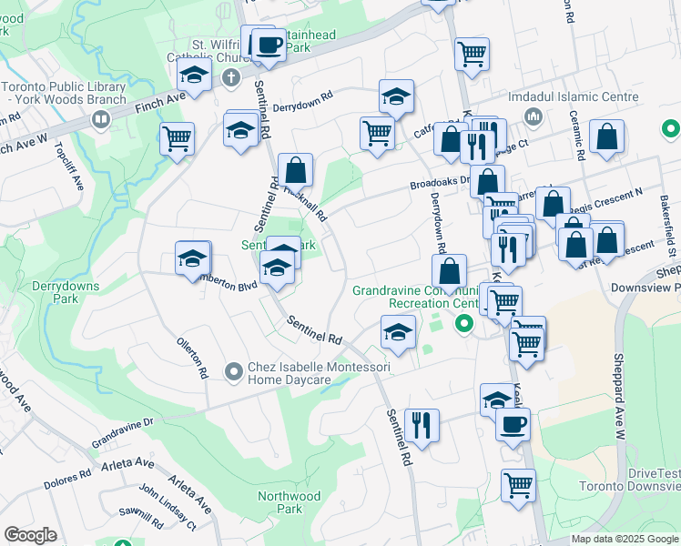 map of restaurants, bars, coffee shops, grocery stores, and more near 50 Hucknall Road in Toronto
