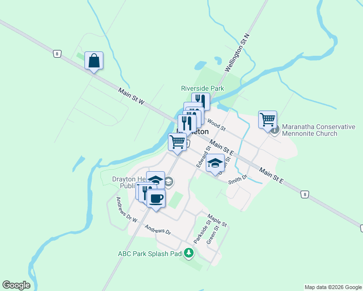 map of restaurants, bars, coffee shops, grocery stores, and more near 34 Wellington Street South in Mapleton
