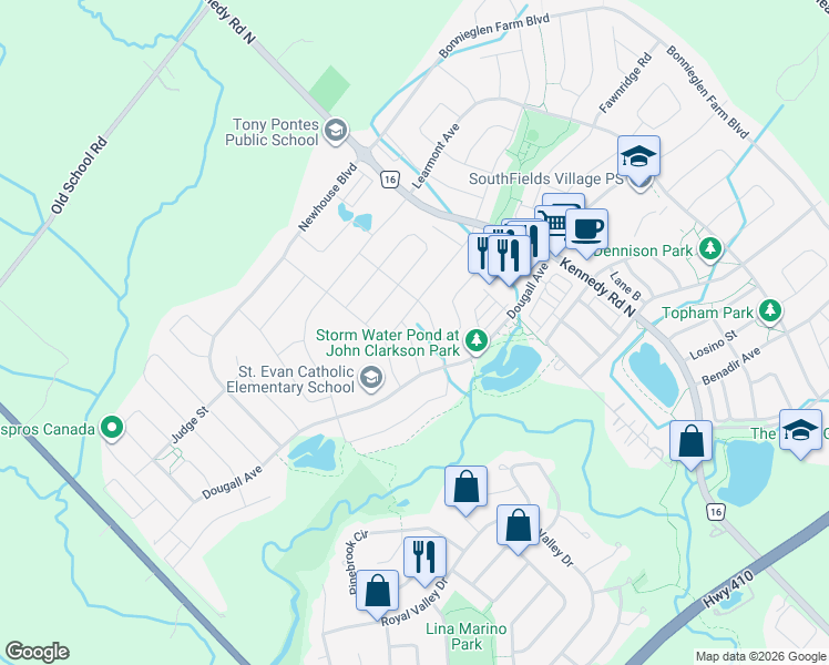 map of restaurants, bars, coffee shops, grocery stores, and more near 7 Vinewood Road in Regional Municipality of Peel