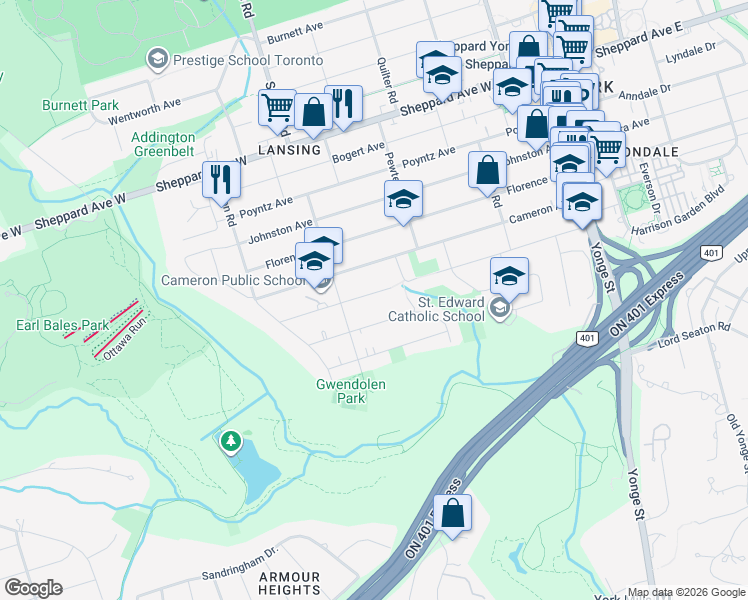 map of restaurants, bars, coffee shops, grocery stores, and more near 167 Franklin Avenue in Toronto