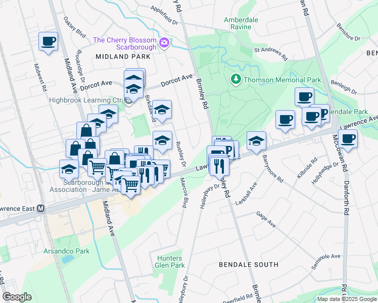 map of restaurants, bars, coffee shops, grocery stores, and more near 8 Rushley Drive in Toronto