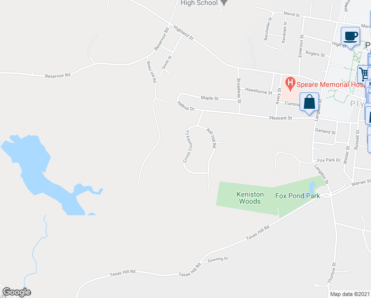 map of restaurants, bars, coffee shops, grocery stores, and more near 34 Cross Country Lane in Plymouth