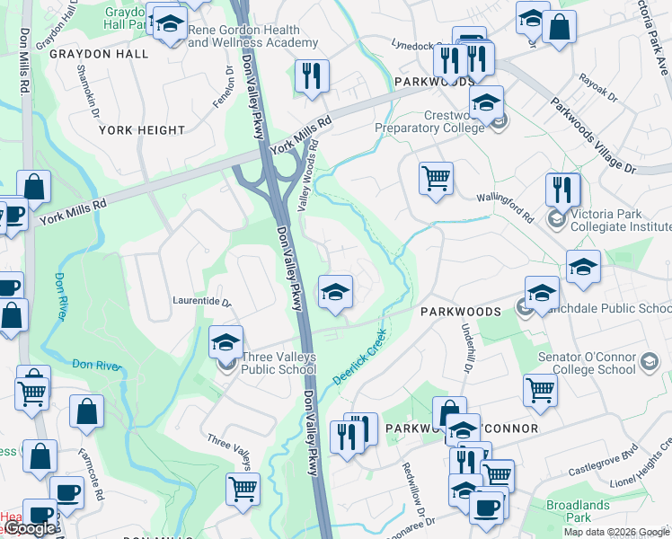 map of restaurants, bars, coffee shops, grocery stores, and more near 31 Valley Woods Road in Toronto