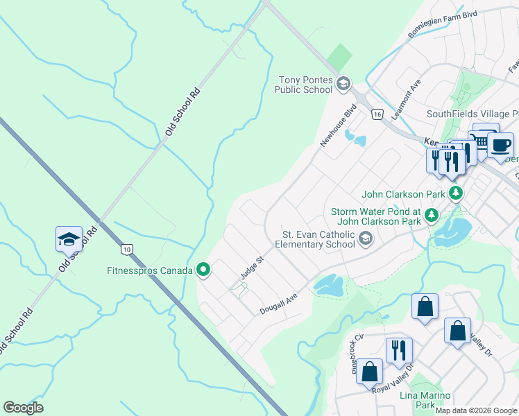 map of restaurants, bars, coffee shops, grocery stores, and more near Brookwater Crescent in Caledon