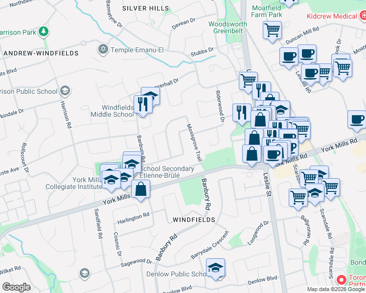 map of restaurants, bars, coffee shops, grocery stores, and more near 45 Pinnacle Road in Toronto