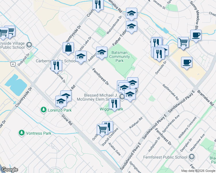 map of restaurants, bars, coffee shops, grocery stores, and more near 480 Fernforest Drive in Brampton