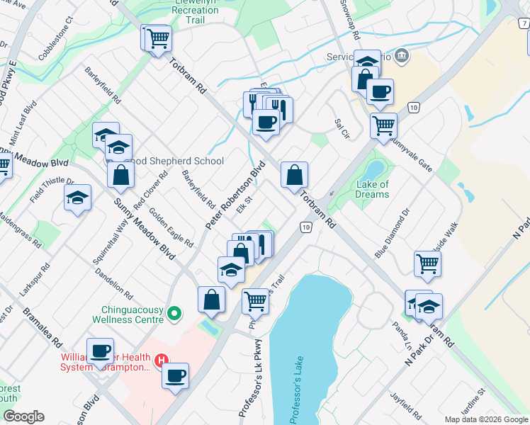 map of restaurants, bars, coffee shops, grocery stores, and more near in Brampton