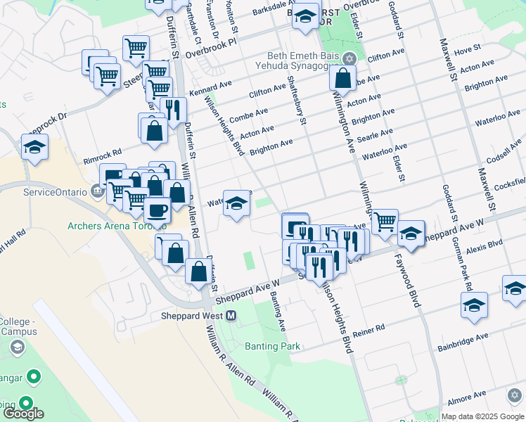 map of restaurants, bars, coffee shops, grocery stores, and more near 284 Codsell Avenue in Toronto