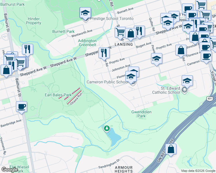map of restaurants, bars, coffee shops, grocery stores, and more near 76 Gwendolen Crescent in Toronto