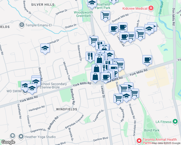 map of restaurants, bars, coffee shops, grocery stores, and more near 25 Kirkwood Road in Toronto