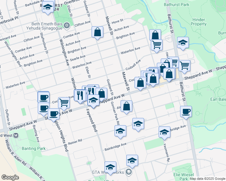 map of restaurants, bars, coffee shops, grocery stores, and more near in Toronto