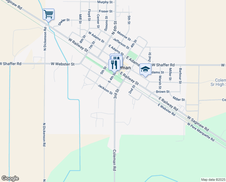 map of restaurants, bars, coffee shops, grocery stores, and more near 180 South 3rd Street in Coleman
