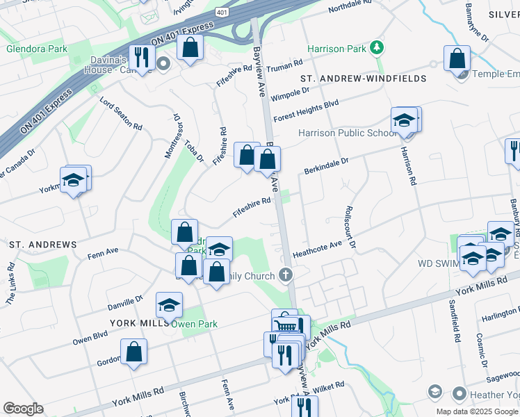 map of restaurants, bars, coffee shops, grocery stores, and more near 6 Fifeshire Road in Toronto