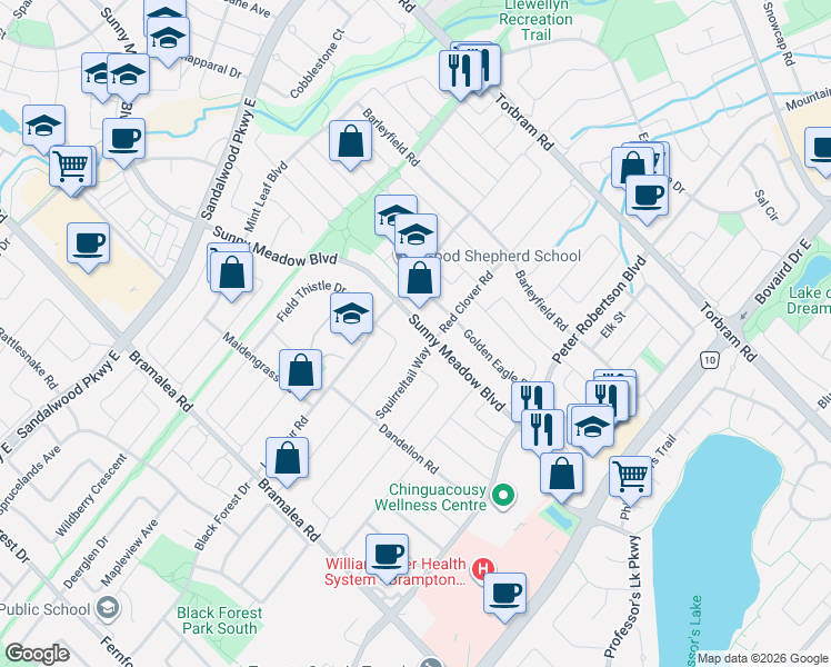 map of restaurants, bars, coffee shops, grocery stores, and more near 104 Sunny Meadow Boulevard in Brampton