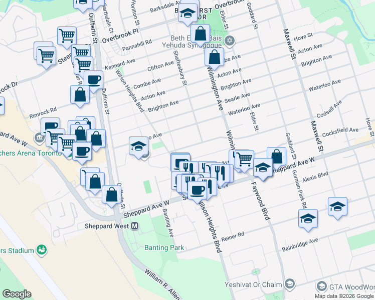 map of restaurants, bars, coffee shops, grocery stores, and more near in Toronto