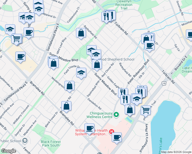 map of restaurants, bars, coffee shops, grocery stores, and more near 104 Sunny Meadow Boulevard in Brampton