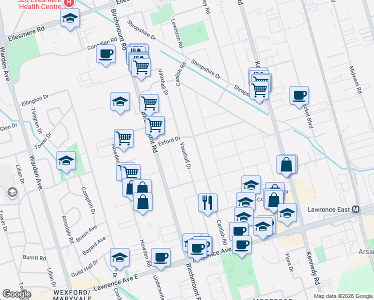 map of restaurants, bars, coffee shops, grocery stores, and more near 91 Vauxhall Drive in Toronto
