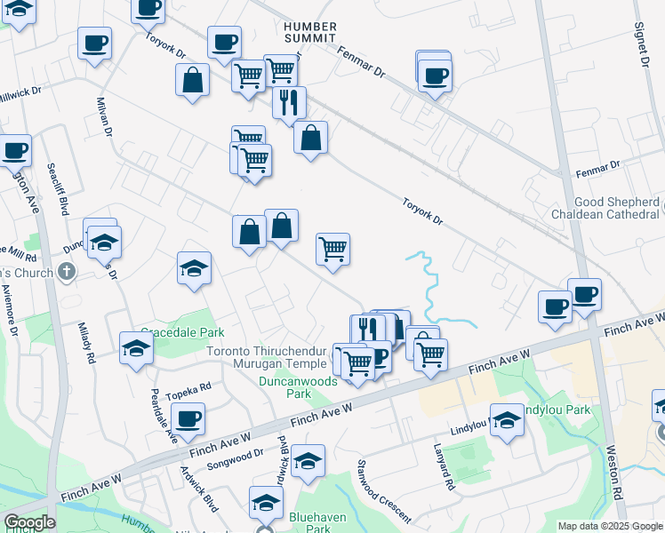 map of restaurants, bars, coffee shops, grocery stores, and more near 59 Milvan Drive in Toronto