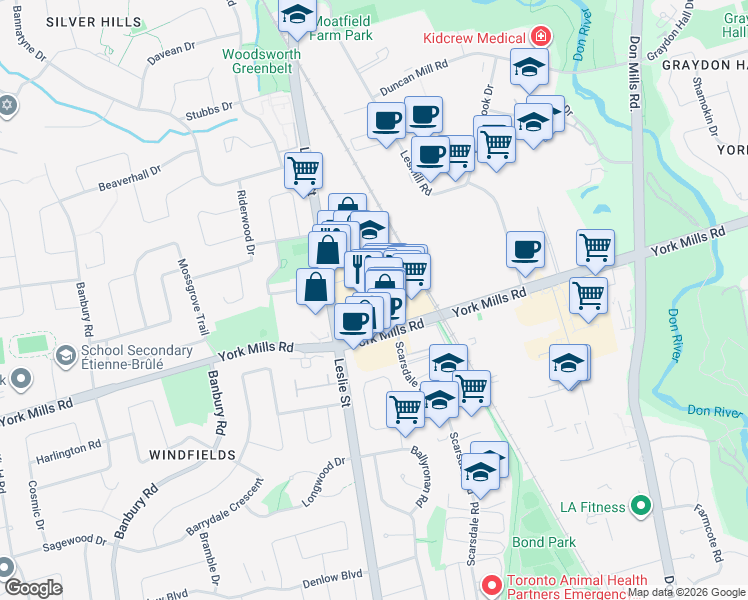 map of restaurants, bars, coffee shops, grocery stores, and more near 49 Coldwater Road in Toronto