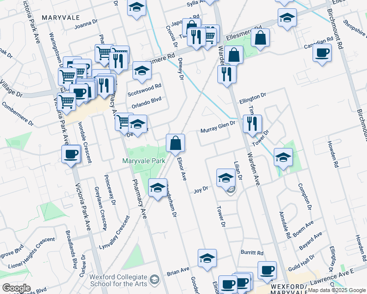 map of restaurants, bars, coffee shops, grocery stores, and more near in Toronto
