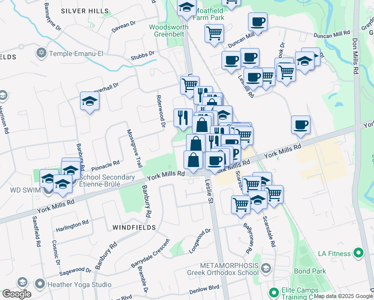 map of restaurants, bars, coffee shops, grocery stores, and more near 25 Kirkwood Road in Toronto