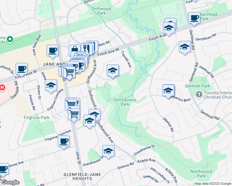 map of restaurants, bars, coffee shops, grocery stores, and more near 15 London Green Court in Toronto