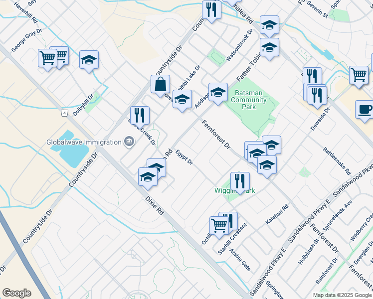 map of restaurants, bars, coffee shops, grocery stores, and more near 513 Father Tobin Road in Brampton