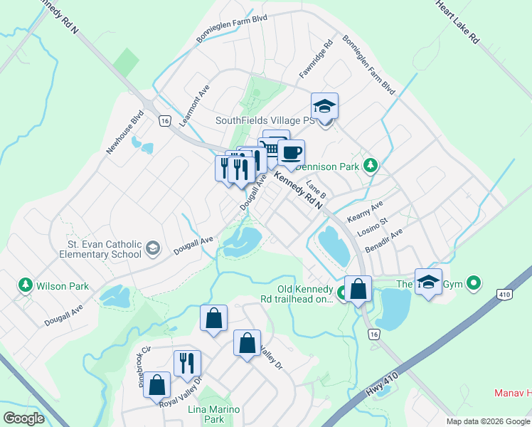 map of restaurants, bars, coffee shops, grocery stores, and more near 1 Springdale Avenue in Caledon