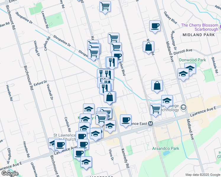 map of restaurants, bars, coffee shops, grocery stores, and more near in Toronto