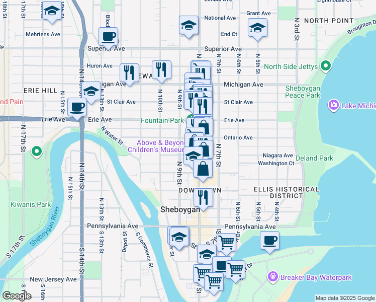 map of restaurants, bars, coffee shops, grocery stores, and more near 822 Niagara Avenue in Sheboygan