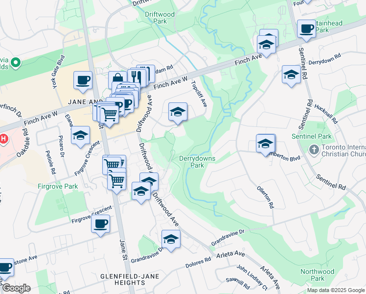 map of restaurants, bars, coffee shops, grocery stores, and more near 15 London Green Court in Toronto