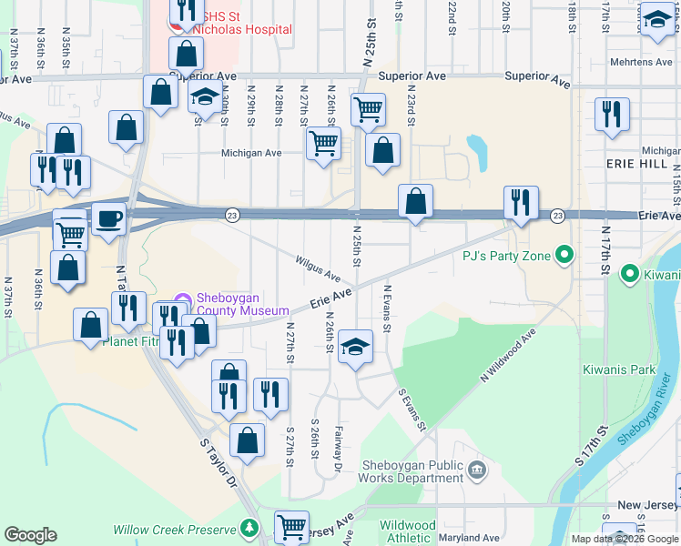 map of restaurants, bars, coffee shops, grocery stores, and more near 2522 Wilgus Avenue in Sheboygan