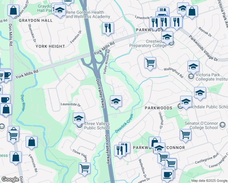 map of restaurants, bars, coffee shops, grocery stores, and more near 40 Valley Woods Road in Toronto