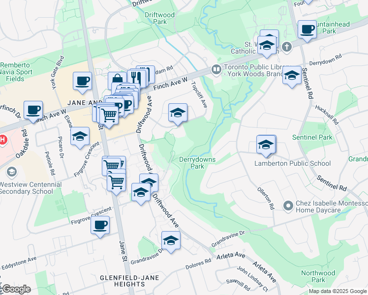 map of restaurants, bars, coffee shops, grocery stores, and more near 15 London Green Court in Toronto