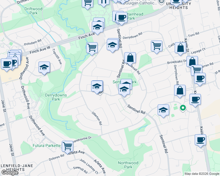 map of restaurants, bars, coffee shops, grocery stores, and more near 12 Candlewood Crescent in Toronto