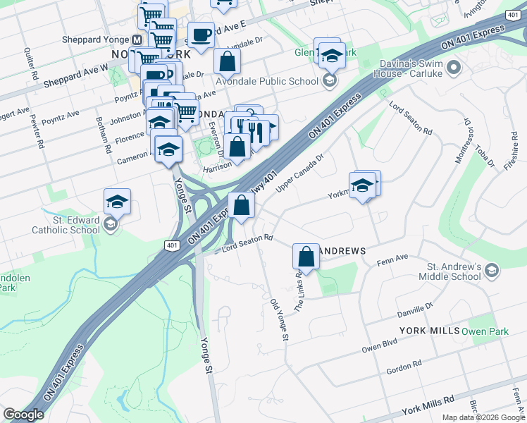 map of restaurants, bars, coffee shops, grocery stores, and more near in Toronto