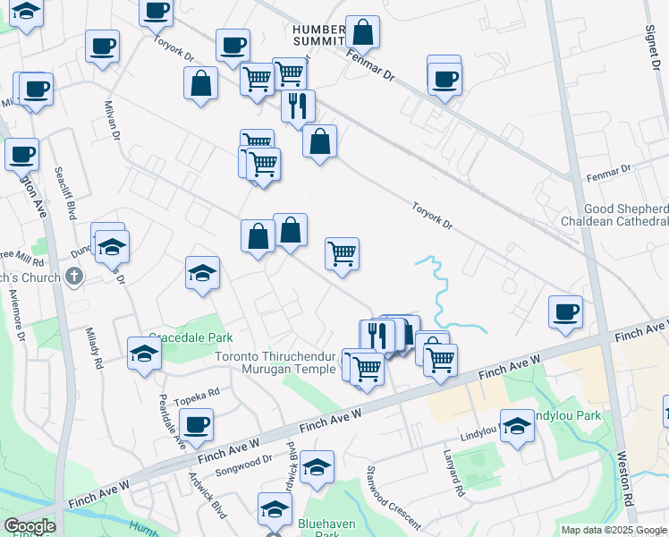 map of restaurants, bars, coffee shops, grocery stores, and more near 59 Milvan Drive in Toronto