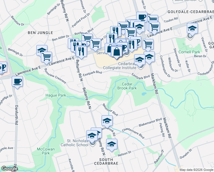 map of restaurants, bars, coffee shops, grocery stores, and more near 62 Felicity Drive in Toronto