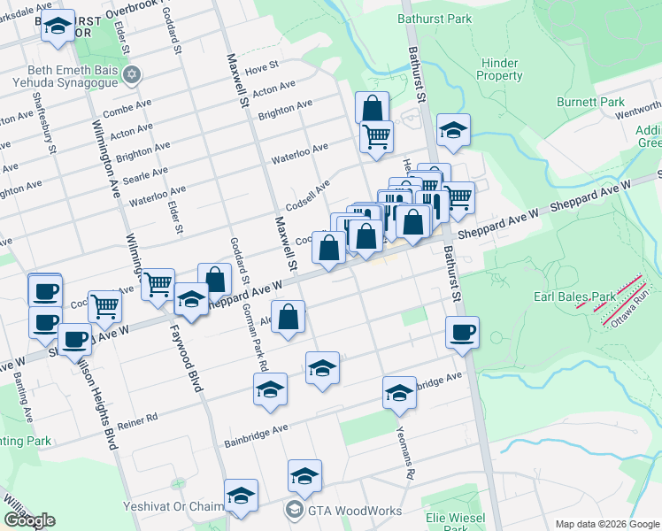 map of restaurants, bars, coffee shops, grocery stores, and more near 700 Sheppard Avenue West in Toronto
