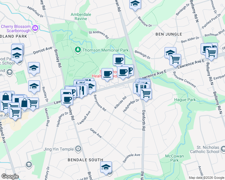 map of restaurants, bars, coffee shops, grocery stores, and more near 2979 Lawrence Avenue East in Toronto