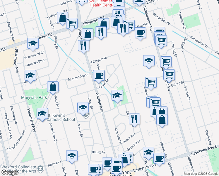 map of restaurants, bars, coffee shops, grocery stores, and more near 12 Willowhurst Crescent in Toronto