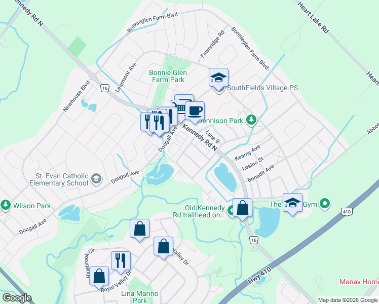 map of restaurants, bars, coffee shops, grocery stores, and more near 21 Waterville Way in Caledon