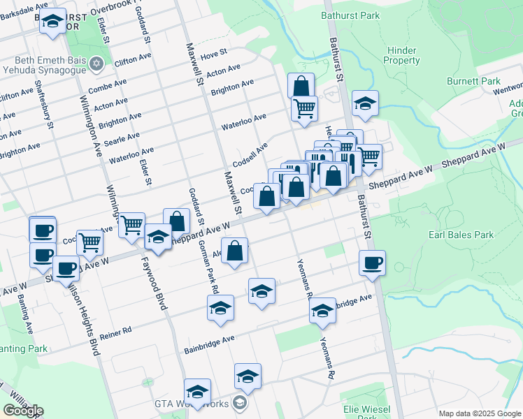 map of restaurants, bars, coffee shops, grocery stores, and more near 700 Sheppard Avenue West in Toronto
